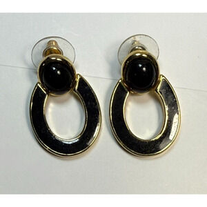 Retro 1980s Black Enamel Gold Tone Door Knocker Stud Earrings Dangle 3cm